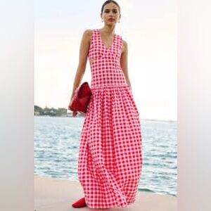 Anthropologie S/W/F Cross Cut Drop Waist Maxi Dress, Pink Red White Gingham, Med